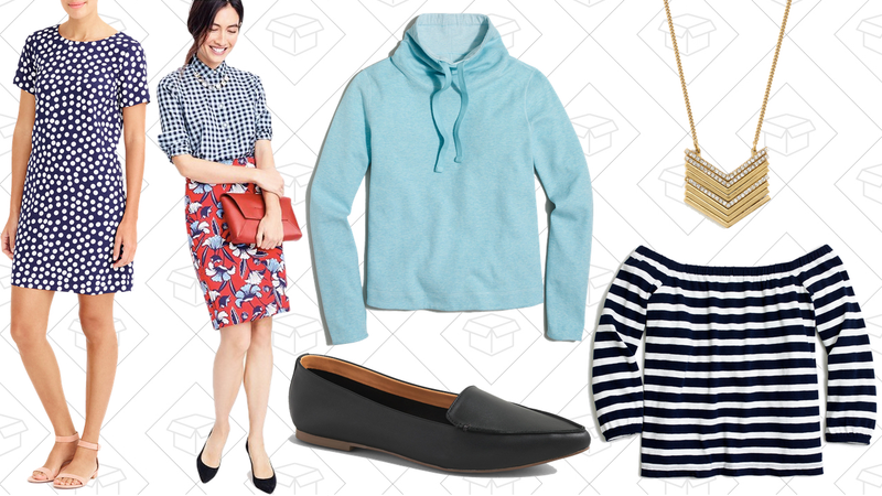 Printed Short Sleeve Gallery Dress, $49 | Stretch Pencil Skirt, $43 | Reversible Turtleneck Pullover Sweatshirt, $40 | Edie Leather Loafers, $45 | Chevron Pendant Necklace, $20 | Striped Off-the-Shoulder Top, $20